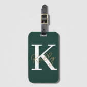 Modern Emerald Green Monogram Script Bagagelabel (Voorkant (verticaal))