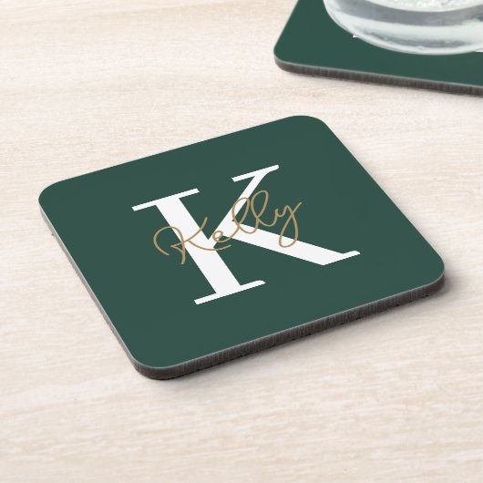 Modern Emerald Green Monogram Script Bier Onderzetter (Linkerzijde)