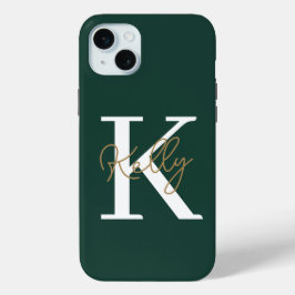 Modern Emerald Green Monogram Script iPhone 15 Mini Hoesje