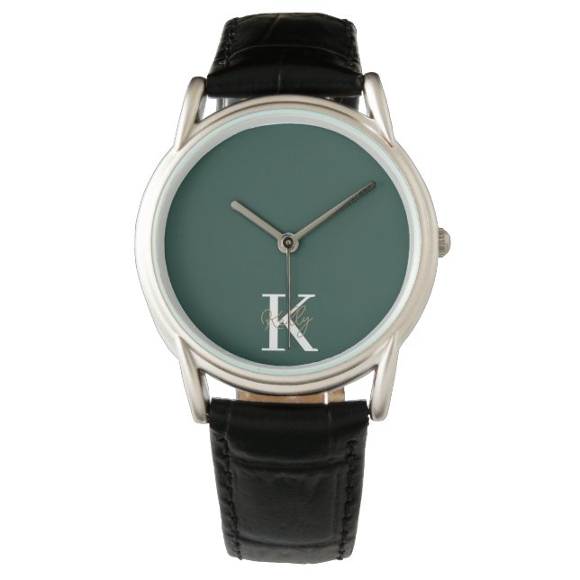 Modern Emerald Green Monogram Script Horloge (Voorkant)