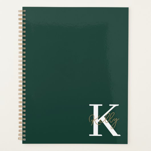 Modern Emerald Green Monogram Script Planner (Voorkant)