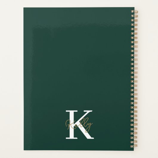 Modern Emerald Green Monogram Script Planner (Achterkant)