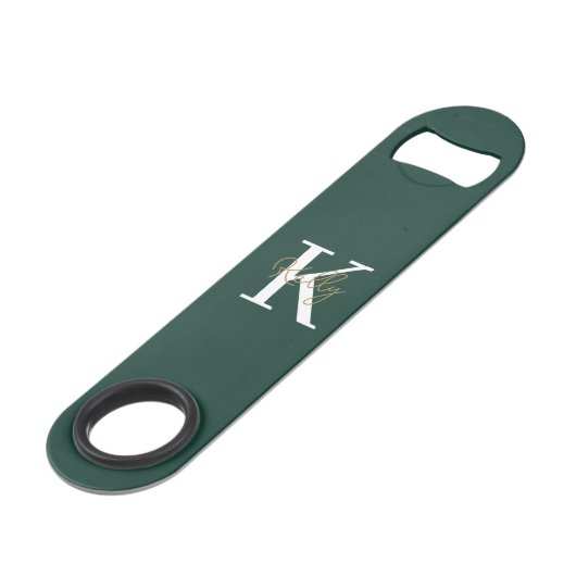 Modern Emerald Green Monogram Script Speed Flessenopener (Voorkant Gekanteld)