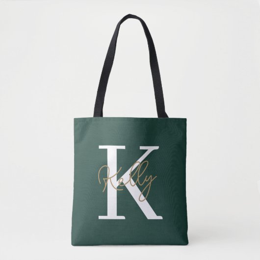 Modern Emerald Green Monogram Script Tote Bag (Voorkant)