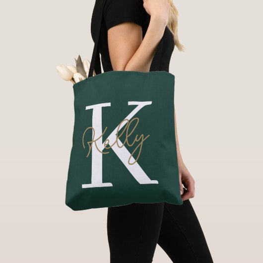 Modern Emerald Green Monogram Script Tote Bag (Dichtbij)