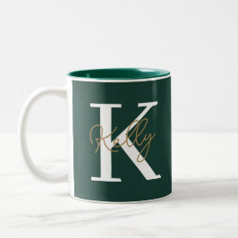 Modern Emerald Green Monogram Script Tweekleurige Koffiemok