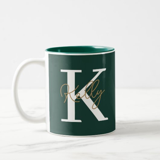 Modern Emerald Green Monogram Script Tweekleurige Koffiemok (Links)