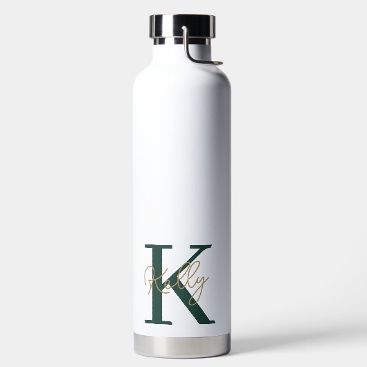 Modern Emerald Green Monogram Script Waterfles (Links)