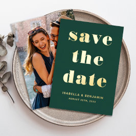 Modern Emerald Green Photo Save the Date Gold Folie Uitnodiging