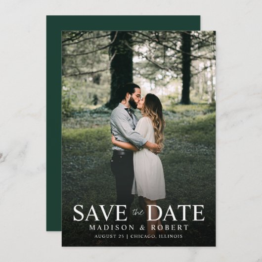 Modern Emerald Green Photo Wedding Save The Date (Voorkant / Achterkant)