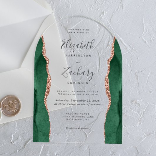 Modern Emerald Green Roos Gold Agate Wedding Arch Acryl Uitnodigingen