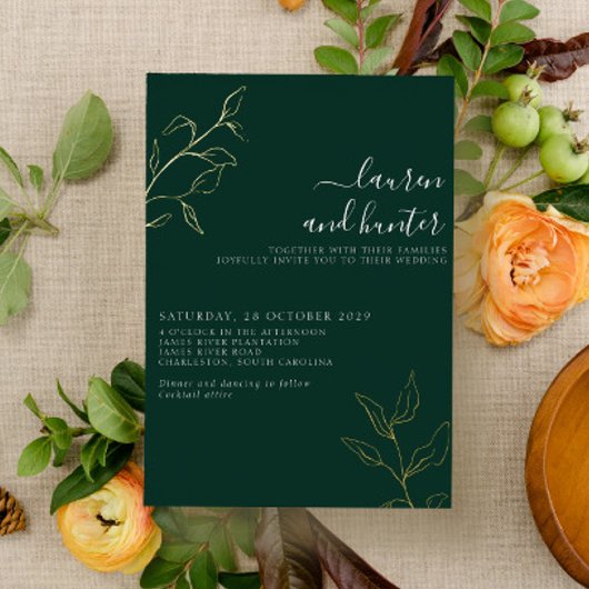 Modern Emerald Green Script Botanical Wedding Gold Folie Uitnodiging
