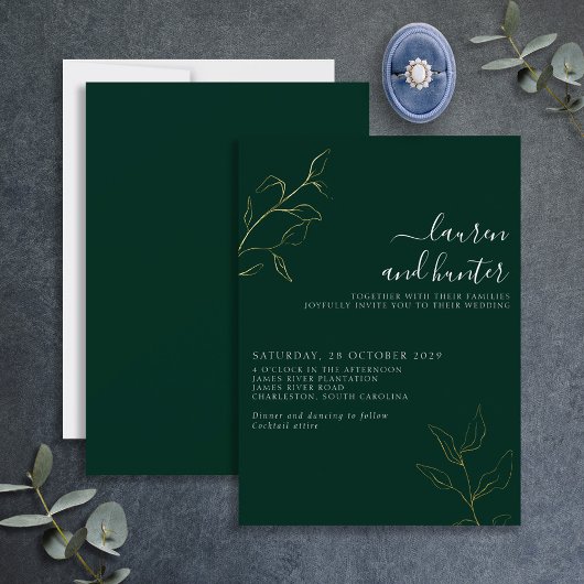 Modern Emerald Green Script Botanical Wedding Gold Folie Uitnodiging