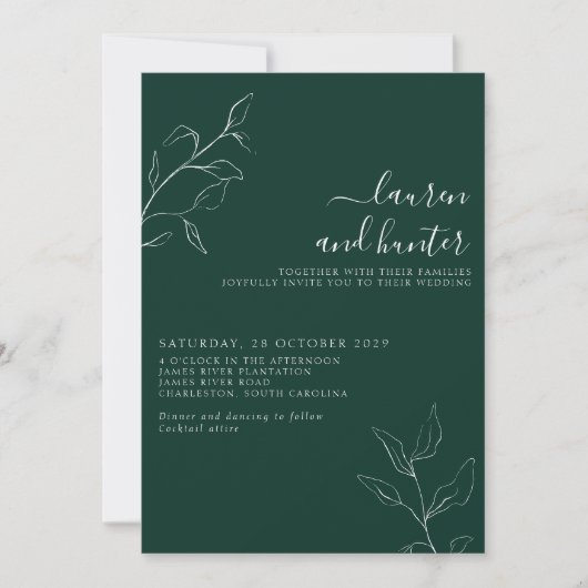 Modern Emerald Green Script Botanical Wedding Invi Kaart (Voorkant)
