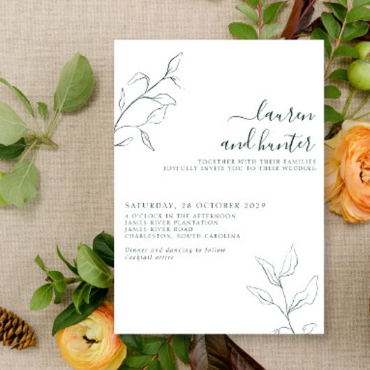 Modern Emerald Green Script Botanical Wedding Kaart