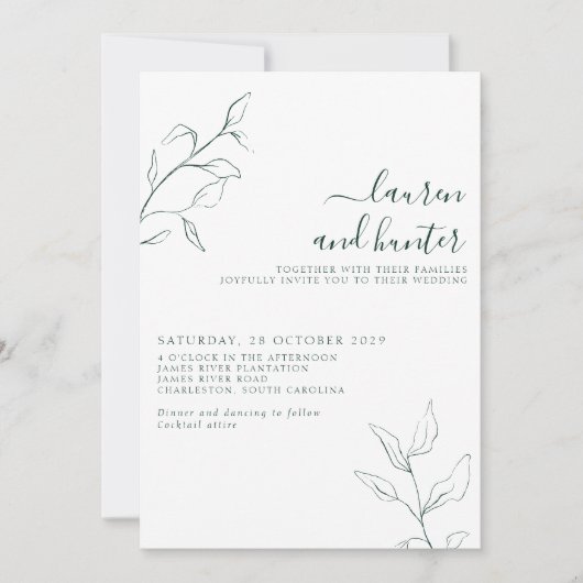 Modern Emerald Green Script Botanical Wedding Kaart (Voorkant)