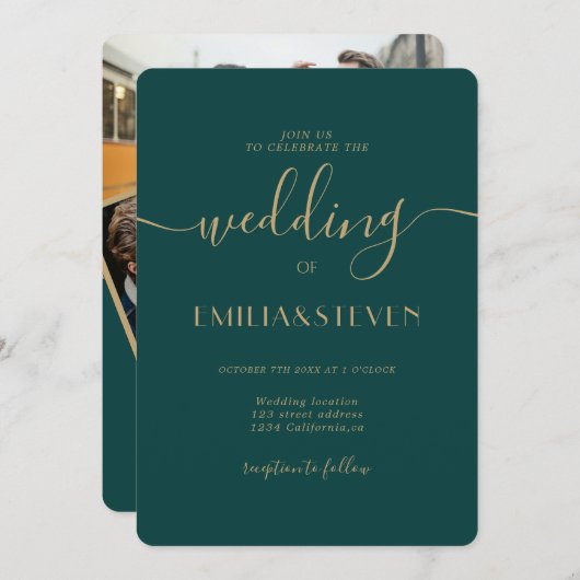 Modern emerald green script initialen bruiloft kaart (Voorkant / Achterkant)