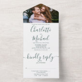 Modern Emerald Green Script Photo Wedding All In One Uitnodiging (Binnen)