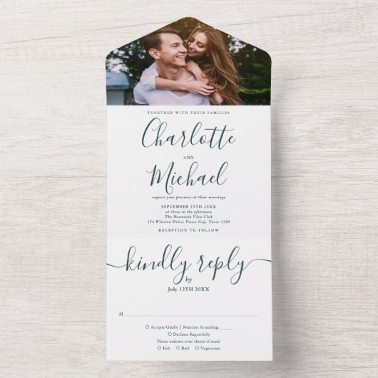 Modern Emerald Green Script Photo Wedding All In One Uitnodiging (Binnen)