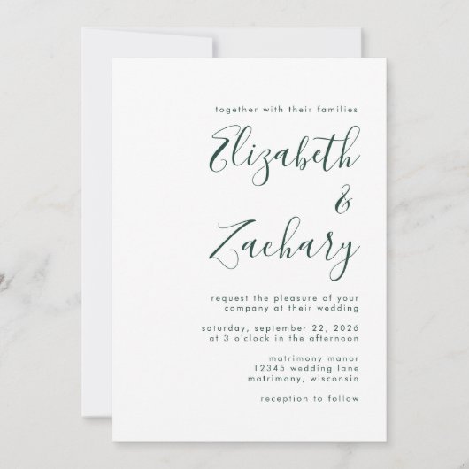Modern Emerald Green Script Wedding Kaart (Voorkant)