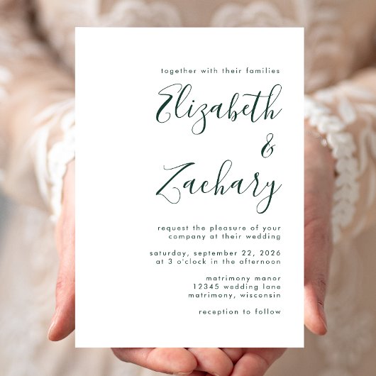 Modern Emerald Green Script Wedding Kaart