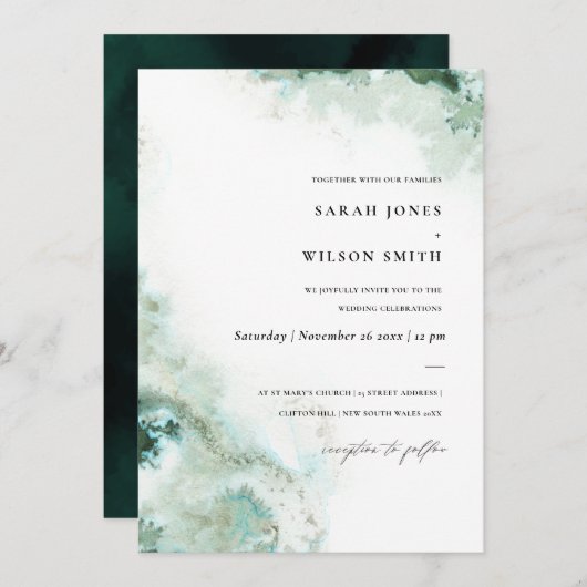 Modern Emerald Green Silver Agate Wedding Invite Bedankkaart (Voorkant / Achterkant)