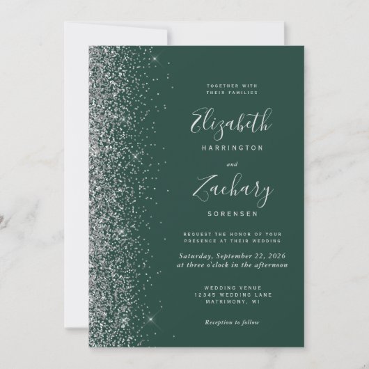 Modern Emerald Green Silver Faux Glitter Wedding Kaart (Voorkant)