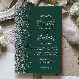 Modern Emerald Green Silver Faux Glitter Wedding Kaart
