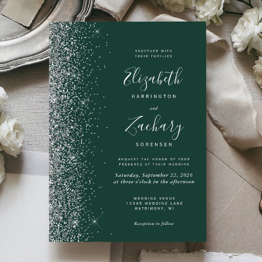 Modern Emerald Green Silver Faux Glitter Wedding Kaart