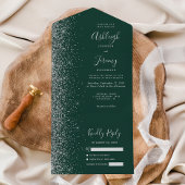 Modern Emerald Green Silver Glitter Wedding All In One Uitnodiging