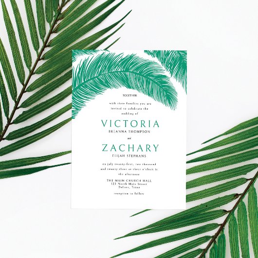 Modern Emerald Green Summer Palm Leaves Wedding Kaart