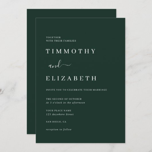 Modern Emerald Green Wedding Invitation Kaart (Voorkant / Achterkant)