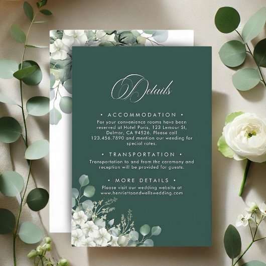 Modern Emerald Greenery Wedding Details Informatiekaartje