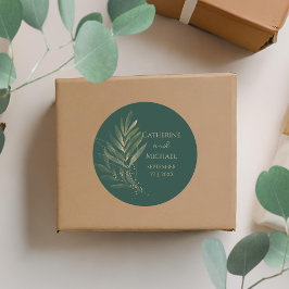 Modern Emerald Groen Blad Bruiloft Monogram Ronde Sticker