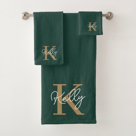 Modern Emerald Groen Goud Monogram Script Bad Handdoek (Insitu)