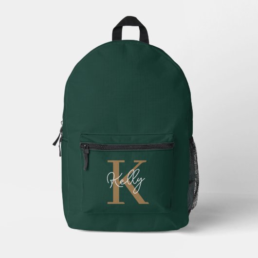 Modern Emerald Groen Goud Monogram Script Bedrukte Rugzak (Voorkant)