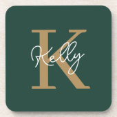 Modern Emerald Groen Goud Monogram Script Bier Onderzetter (Voorkant)