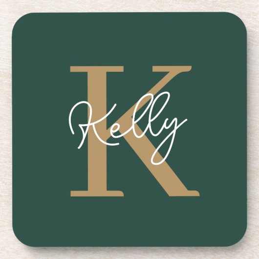 Modern Emerald Groen Goud Monogram Script Bier Onderzetter (Voorkant)
