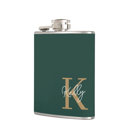 Modern Emerald Groen Goud Monogram Script Heupfles (Links)