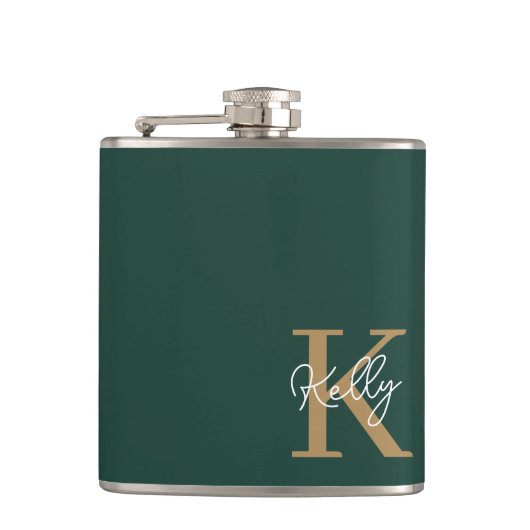 Modern Emerald Groen Goud Monogram Script Heupfles (Voorkant)