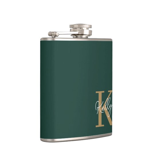 Modern Emerald Groen Goud Monogram Script Heupfles (Rechts)