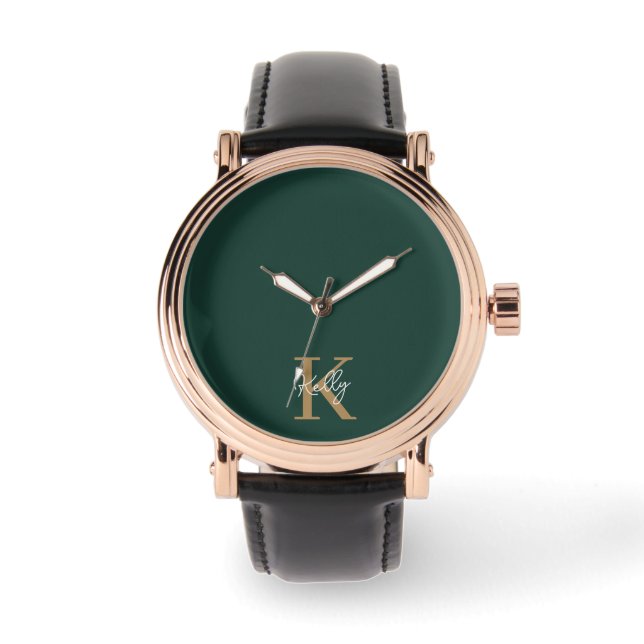 Modern Emerald Groen Goud Monogram Script Horloge (Voorkant)