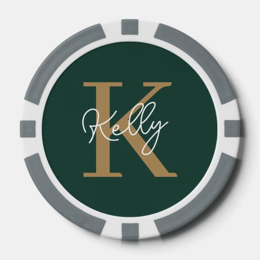Modern Emerald Groen Goud Monogram Script Poker Chips (Voorkant)
