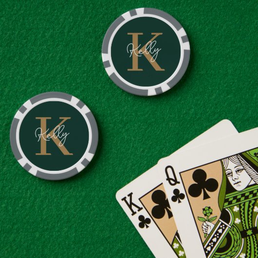 Modern Emerald Groen Goud Monogram Script Poker Chips (Pokertafel (Dubbel))