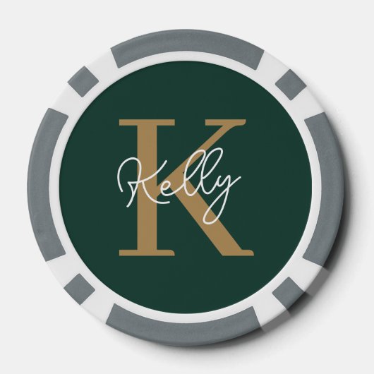 Modern Emerald Groen Goud Monogram Script Poker Chips (Achterkant)