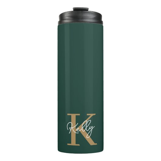 Modern Emerald Groen Goud Monogram Script Thermosbeker (Voorkant)