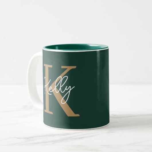 Modern Emerald Groen Goud Monogram Script Tweekleurige Koffiemok (Voorkant links)