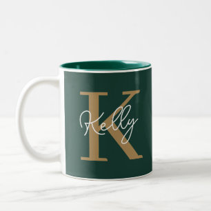 Modern Emerald Groen Goud Monogram Script Tweekleurige Koffiemok