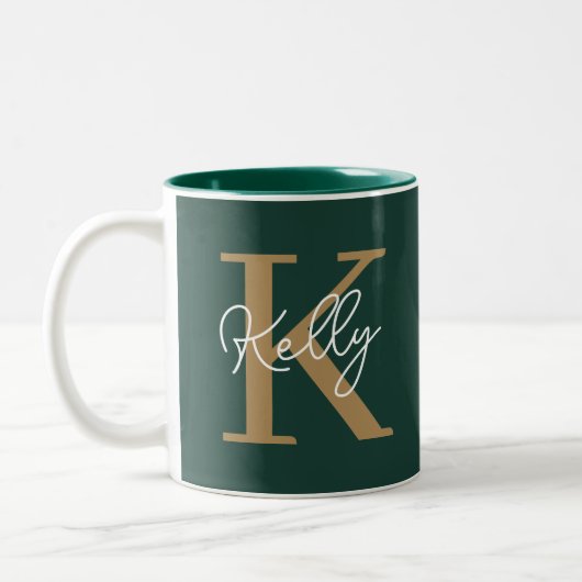 Modern Emerald Groen Goud Monogram Script Tweekleurige Koffiemok (Links)