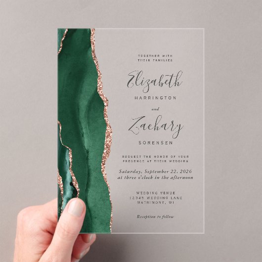 Modern Emerald Groen Roos Gouden Agaat Bruiloft Acryl Uitnodigingen (Insitu (Draagbaar))